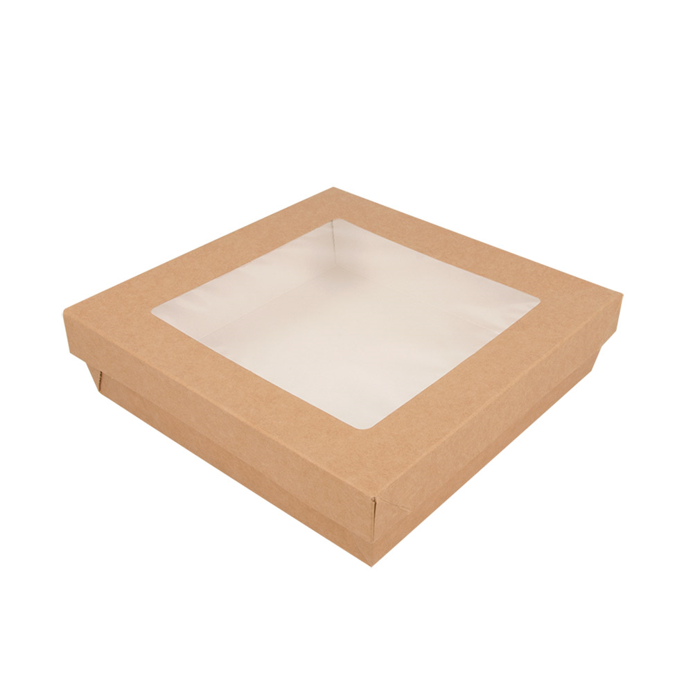 256.05-SCATOLINE+COPERCHI CON FINESTRA 'THEPACK' 1000 ML 18,5x18,5x4 CM NATURALE CARTÓN NANO-MICRO + PP + OPP (25 u.)