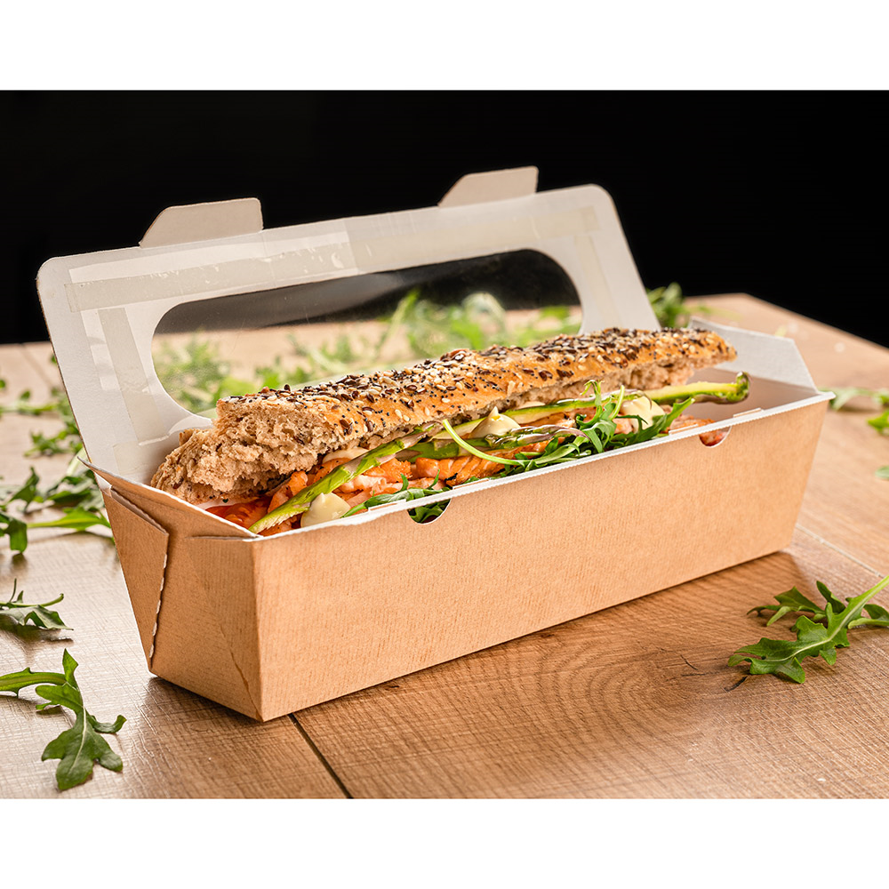 253.58-SCATOLE PER PANINI CON FINESTRA "BAGUETTE" 'THEPACK'  27,5x8x6,2 CM NATURALE CARTONE NANO-MICRO + OPP (50 u.)