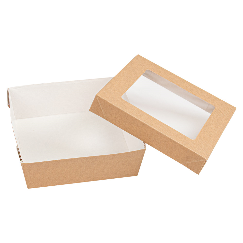 256.04-SCATOLINE+COPERCHI CON FINESTRA 'THEPACK' 750 ML 14x14x5 CM NATURALE CARTÓN NANO-MICRO + PP + OPP (25 u.)