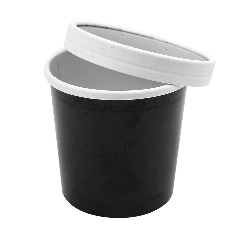 226.42-CONTENITORI CON COPERCHI 360 ML - 12 oz 300 + 18 PE G/M2 Ø9/7,2x8,4 CM NERO CARTONE (25 u.)
