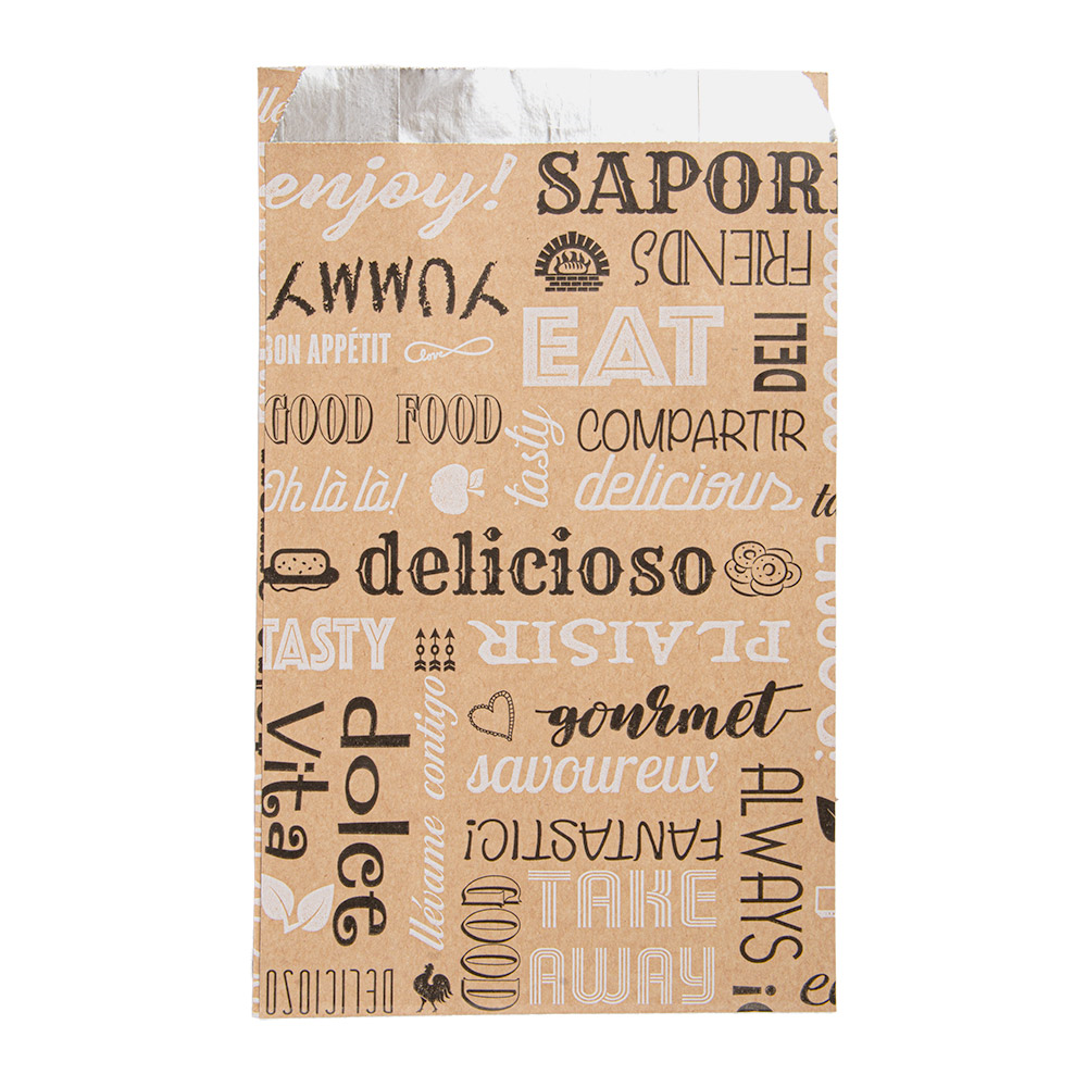 265.90-SACHETTI ANTIGRASSO PER BURGUER PAROLE 40+20 G/M2 14+7x22 CM MARRONE KRAFT + ALLUMINIO (500 u.)