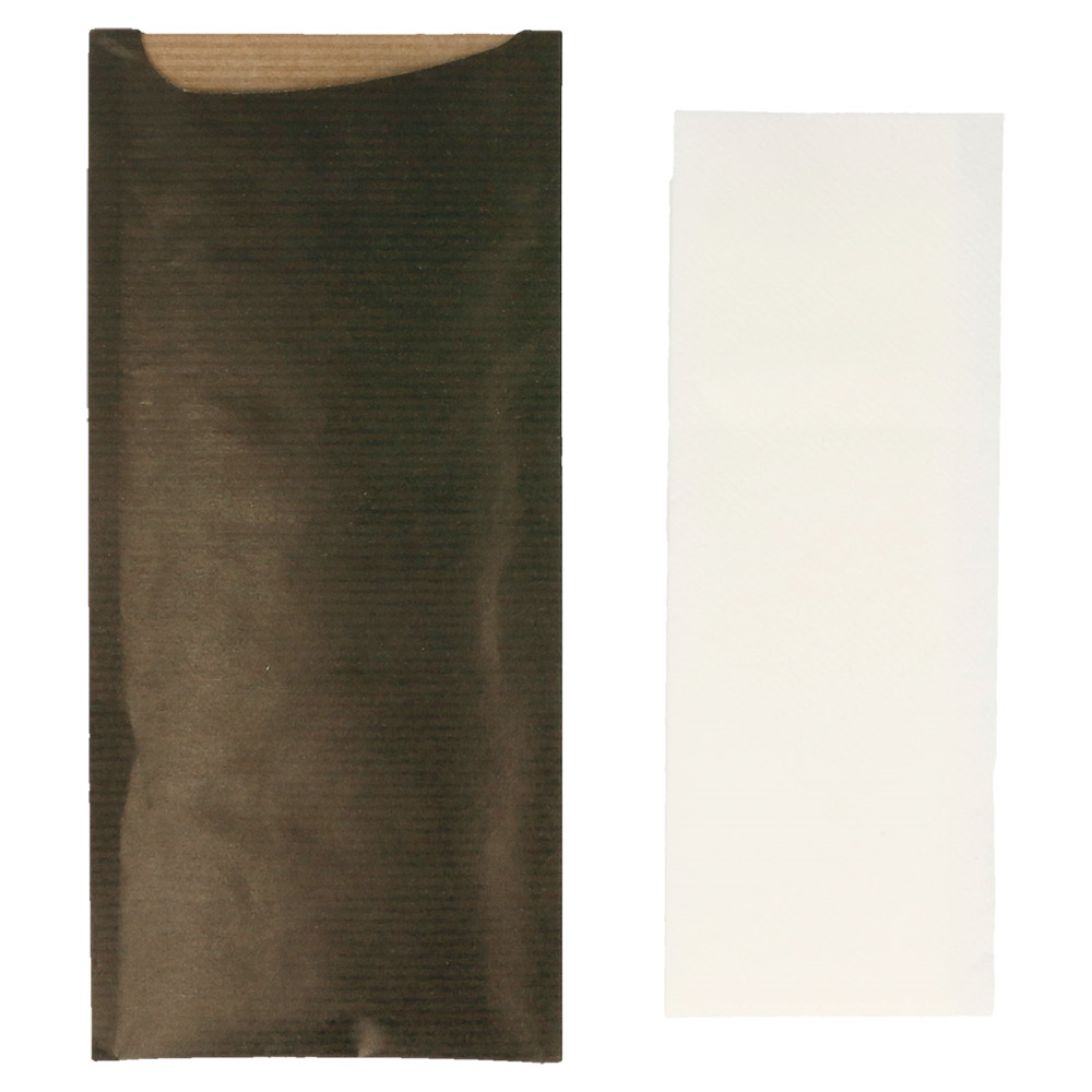 223.20-BUSTE POSATE + TOV. AIRLAID BIANCA 'JUST IN TIME OPEN'  80 + 10 PE G/M2 8,5x19,5 CM NERO KRAFT A COSTINE (250 u.)