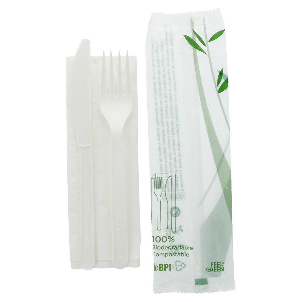 223.53-SET 3/1 FORCHETTA, COLETELLO, TOVAGLIOLO 'FEEL GREEN'  18 CM BIANCO CPLA (100 u.)