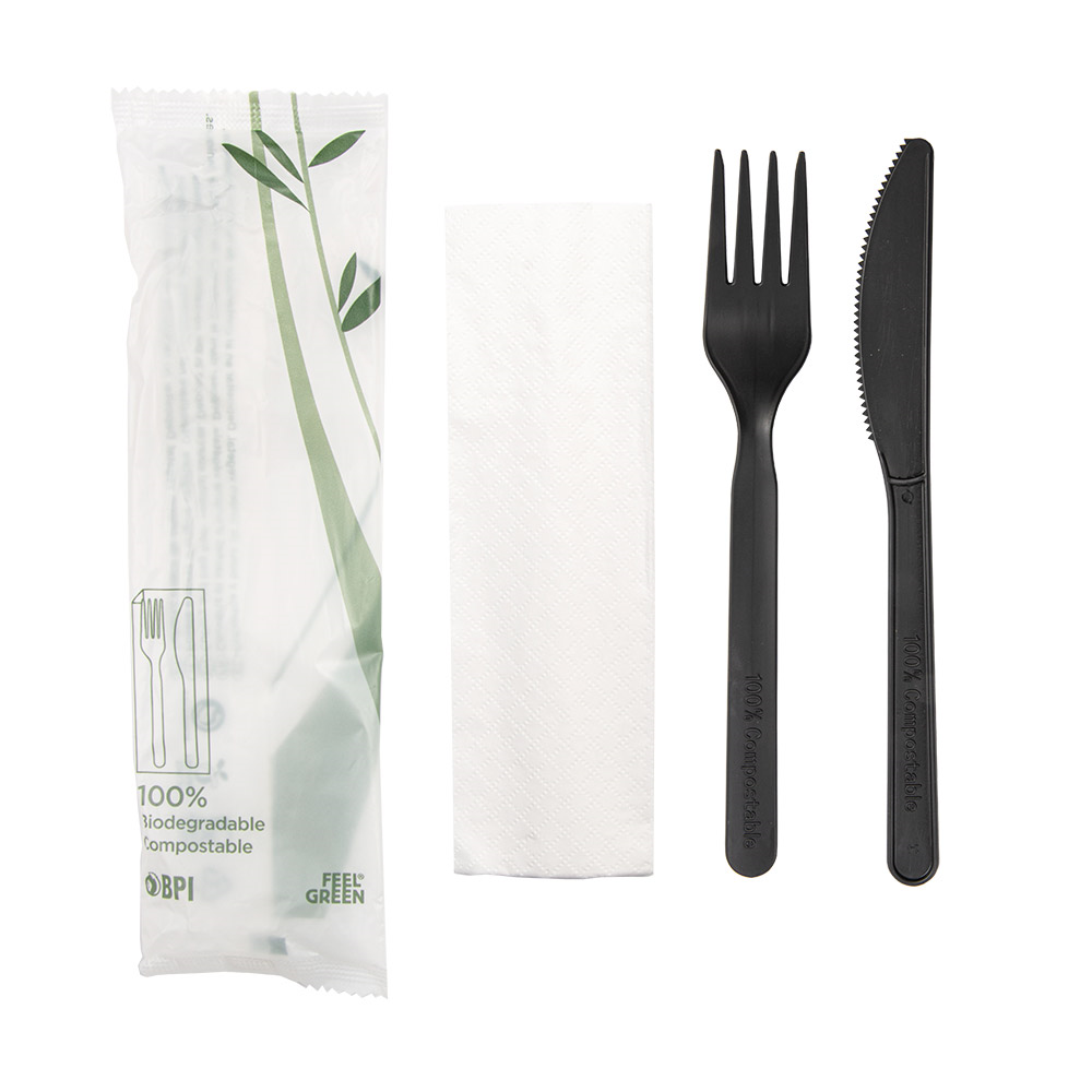 227.28-SET 3/1 FORCHETTA, COLETELLO, TOVAGLIOLO 'FEEL GREEN'  18 CM NERO CPLA (100 u.)