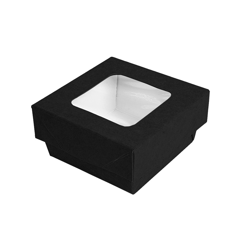 257.74-SCATOLINE+COPERCHI CON FINESTRA 200 ML - 6,6 oz 270 + 15 PE G/M2 7x7x4 CM NERO CARTONE (25 u.)