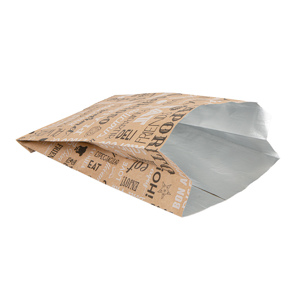265.90-SACHETTI ANTIGRASSO PER BURGUER PAROLE 40+20 G/M2 14+7x22 CM MARRONE KRAFT + ALLUMINIO (500 u.)