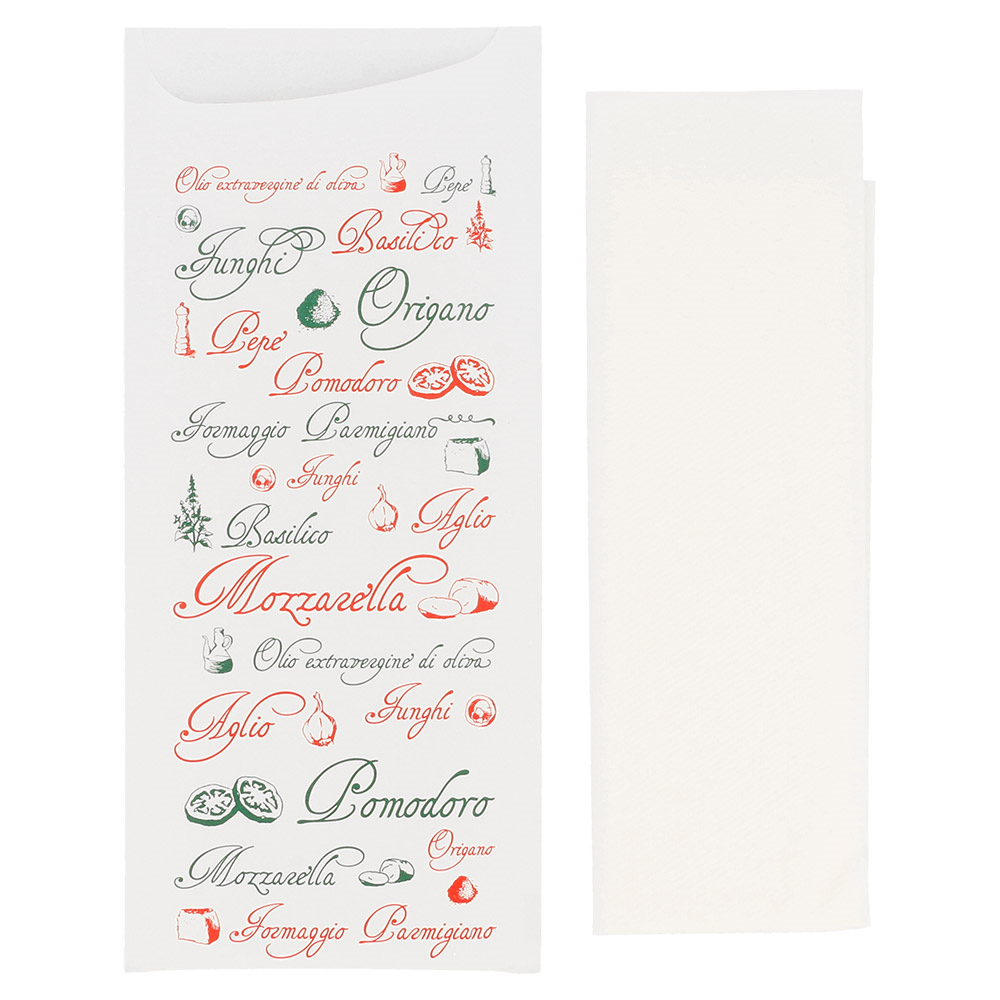 143.99-BUSTE PORTAPOSATE + TOVAGLIOLO 'JUST IN TIME OPEN' PIZZA 90 + 10PE G/M2 8,5x19,5 CM BIANCO AIRLAID (250 u.)