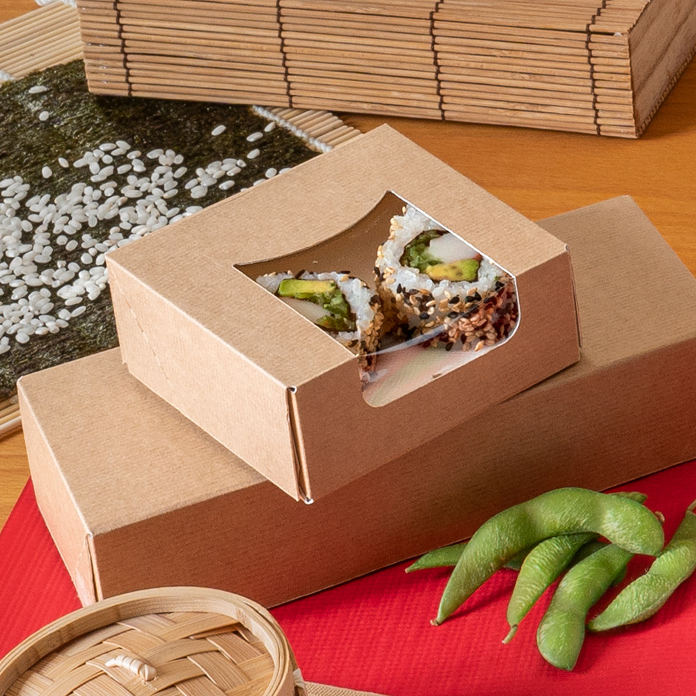 253.36-CONTENITORI SUSHI+FINESTRA 'THEPACK'  10x10x4 CM MARRONE CARTONE NANO-MICRO + OPP (50 u.)