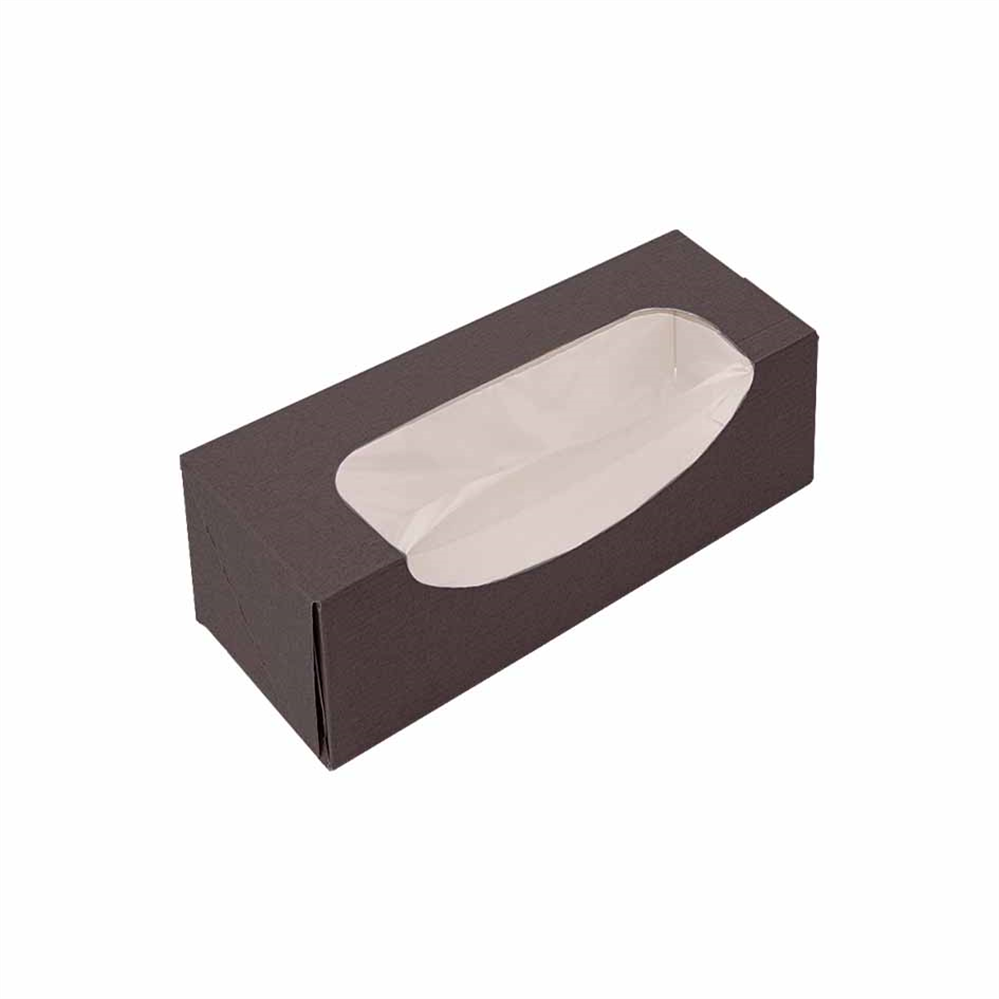 279.26-ASTUCCI PER MACARON CON FINESTRA 'THEPACK'  16x5x5 CM CIOCCOLATO CARTONE NANO-MICRO + OPP (50 u.)