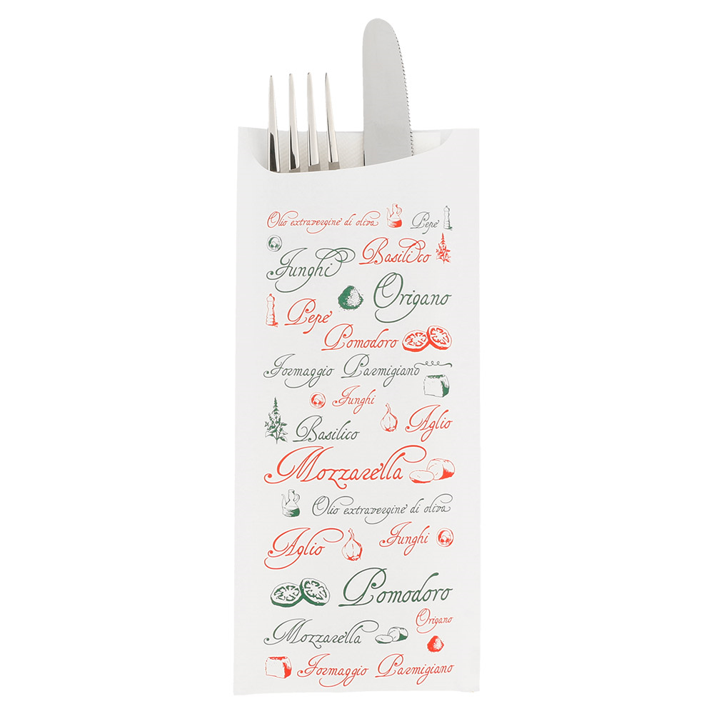 143.99-BUSTE PORTAPOSATE + TOVAGLIOLO 'JUST IN TIME OPEN' PIZZA 90 + 10PE G/M2 8,5x19,5 CM BIANCO AIRLAID (250 u.)