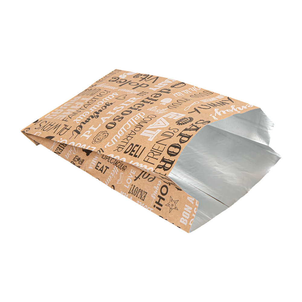 265.90-SACHETTI ANTIGRASSO PER BURGUER PAROLE 40+20 G/M2 14+7x22 CM MARRONE KRAFT + ALLUMINIO (500 u.)